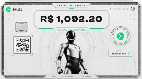 Cartão de ganhos da Hub mostrando R$ 1.092,20 de total ganho com status verificado